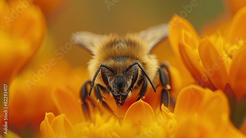 Close-up of a bee's head and antennae as it sips nectar from a vibrant orange marigold, with a blurred floral background