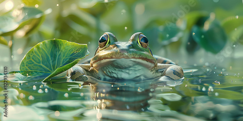 A frog with large eyes sits in a pond surrounded by lily pads