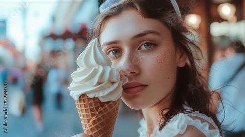 A woman holding an ice cream cone in front of her face.