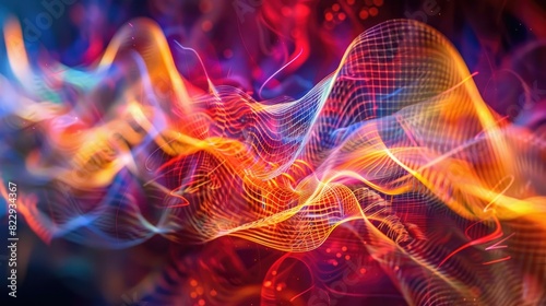 Colorful light waves diffracting through a crystal, contrasted with sound waves visualized as fluctuating curves photo