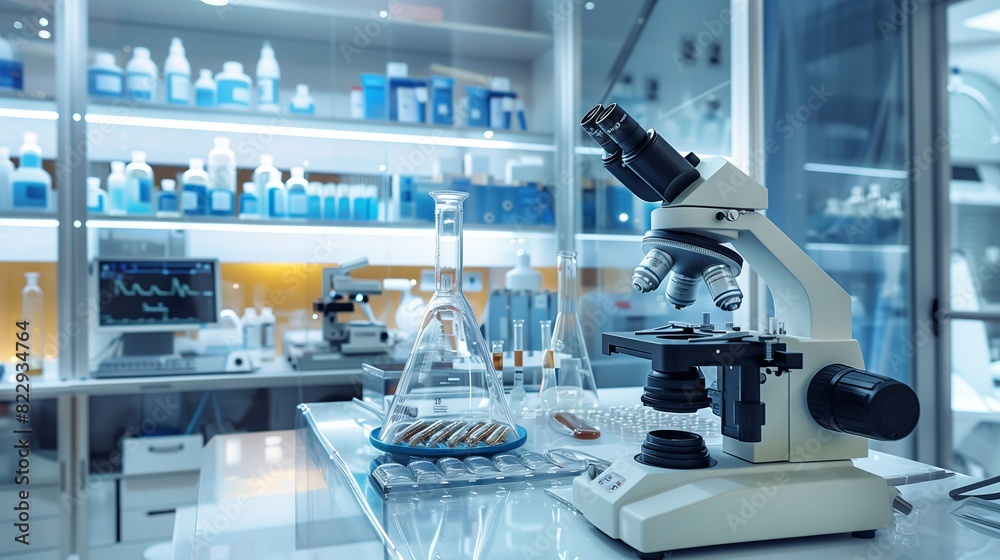 A cutting-edge lab with advanced microscopes, organized samples, medical instruments, and top scanning devices. A cutting-edge lab with advanced microscopes, organized samples, medical instruments, and top scanning devices.