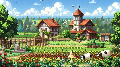 A cartoon farm in pixel art, with pixelated crops, animals, and farmers tending to their fields. photo
