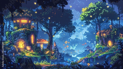 A pixelated forest at night with cartoon fireflies, glowing mushrooms, and characters exploring the enchanting environment. photo