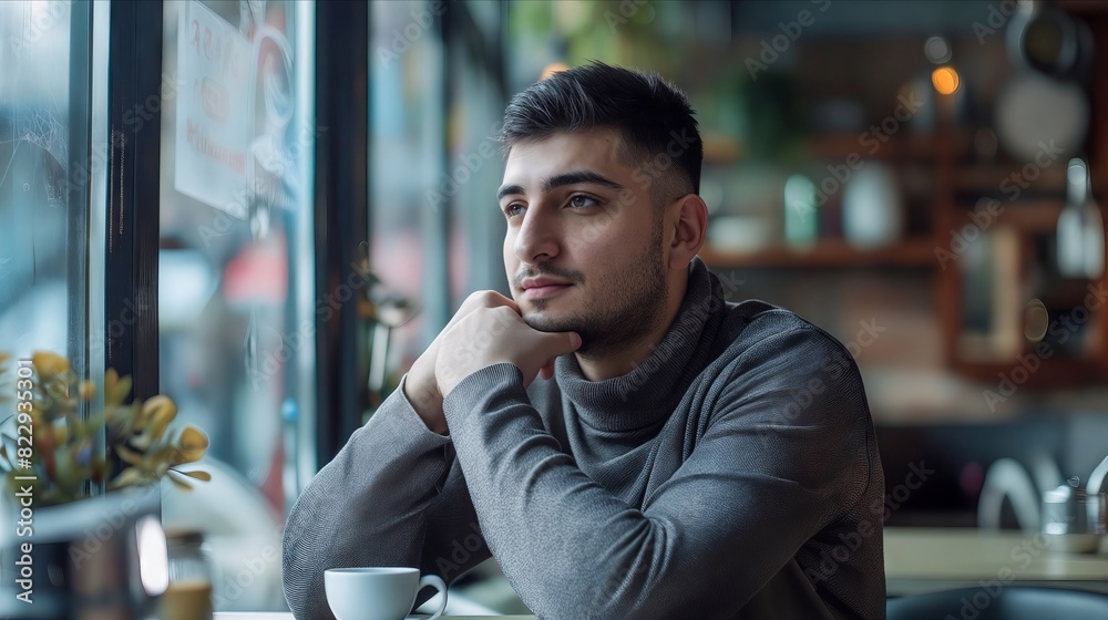Fototapeta premium A man sitting at a table in a cafe.