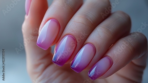 Hand with gradient pink and purple manicure. Close-up studio photography. Beauty and personal care concept for design and print.