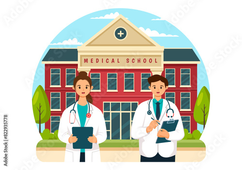 Medical School Vector Illustration with Students Listening to a Lecture and Learning Science in a Classroom in a Flat Cartoon Style Background