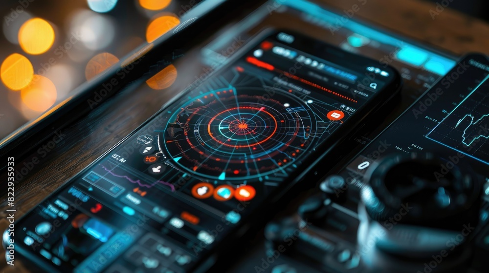 High-angle view of a cellphone screen showing a radar chart, representing multi-dimensional data in a visually appealing way High-angle view of a cellphone screen showing a radar chart, representing multi-dimensional data in a visually appealing way