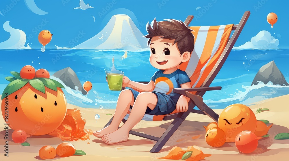 Naklejka premium Chibistyle cartoon on a vibrant, pastel beach scene, rendered in digital vector art.