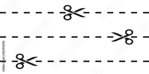 Cut here sign set. cutting scissors with dashed trim lines symbols. icon for product packaging, coupon borders, ticket. vector illustration on transparent background.