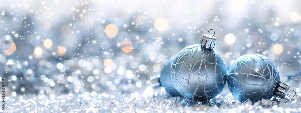 Blue Christmas Balls with Silver Decorations on Glittery Background Blue Christmas Balls with Silver Decorations on Glittery Background