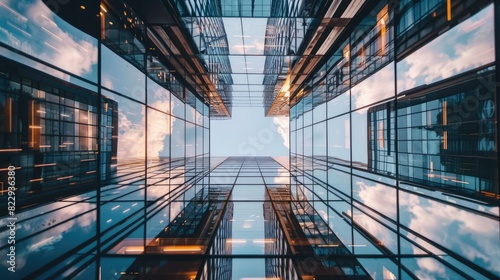 High-rise buildings mirrored in the glass facade of a skyscraper  creating a stunning urban reflection