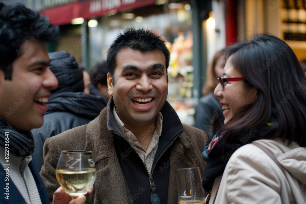 Handsome Chinese man drinking white wine in Paris, France.