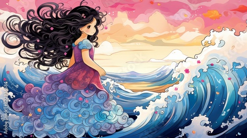 Chibistyle sea scene  vivid colors in a playful  cartoony digital art.