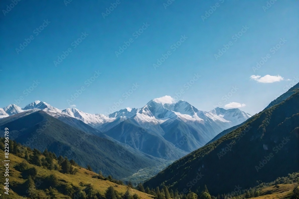 Beautiful serene mountain landscape with a clear blue sky. Beautiful serene mountain landscape with a clear blue sky.