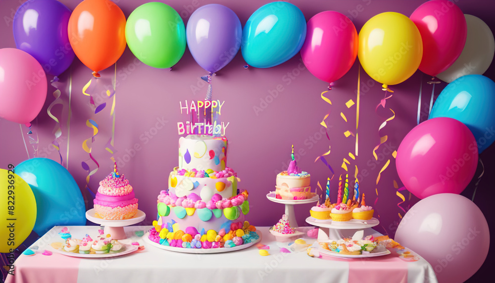 Beautiful happy birthday Background With Balloons, cake with candel and happy birthday texted on it Generative Ai technology Beautiful happy birthday Background With Balloons, cake with candel and happy birthday texted on it Generative Ai technology