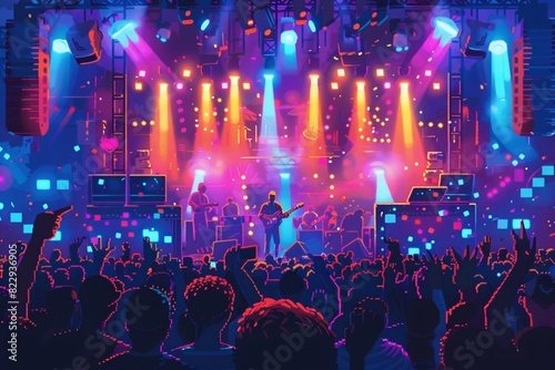 A pixel art concert with cartoon musicians, a lively audience, and colorful stage lights. photo