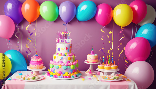 Beautiful happy birthday Background With Balloons  cake with candel and happy birthday texted on it Generative Ai technology