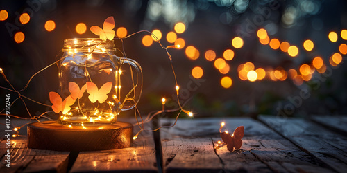 Glas filled with light butterfly Love themes background in glass jar with bokeh lights background