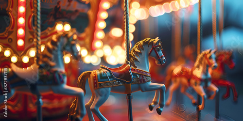 Whimsical ride nostalgic charm enchanting equines carousel magic rhythmic carousel amusement park delight carousel enchantment colorful carousel spinning merrily in a summer carnival, with delighted  photo