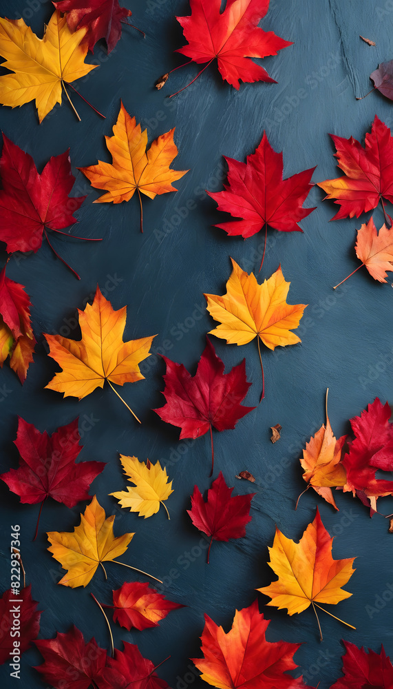 A flat lay of vibrant autumn leaves in red, yellow, and orange hues scattered on a dark blue background. A flat lay of vibrant autumn leaves in red, yellow, and orange hues scattered on a dark blue background.