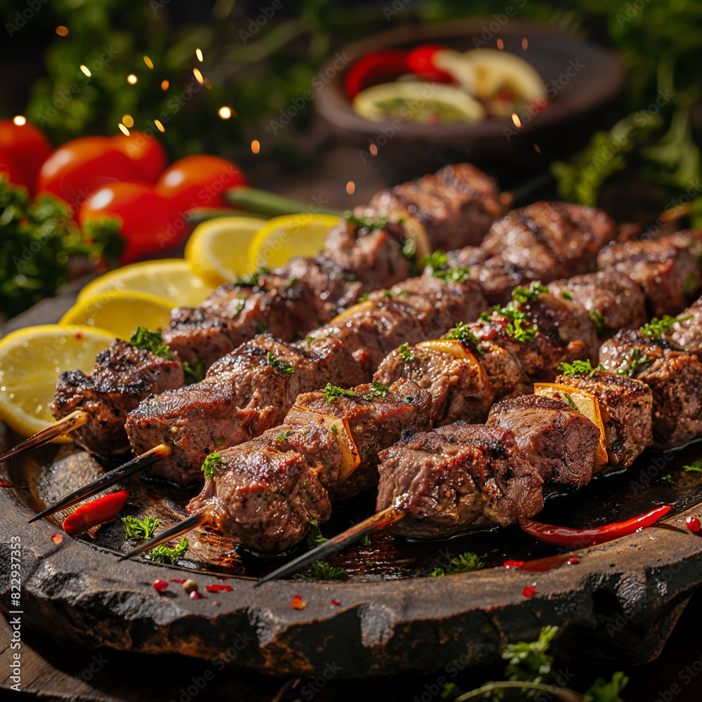 Juicy kebab with ruddy pieces of meat, seasoned with spices and herbs on wooden skewers on a serving plate, generative ai