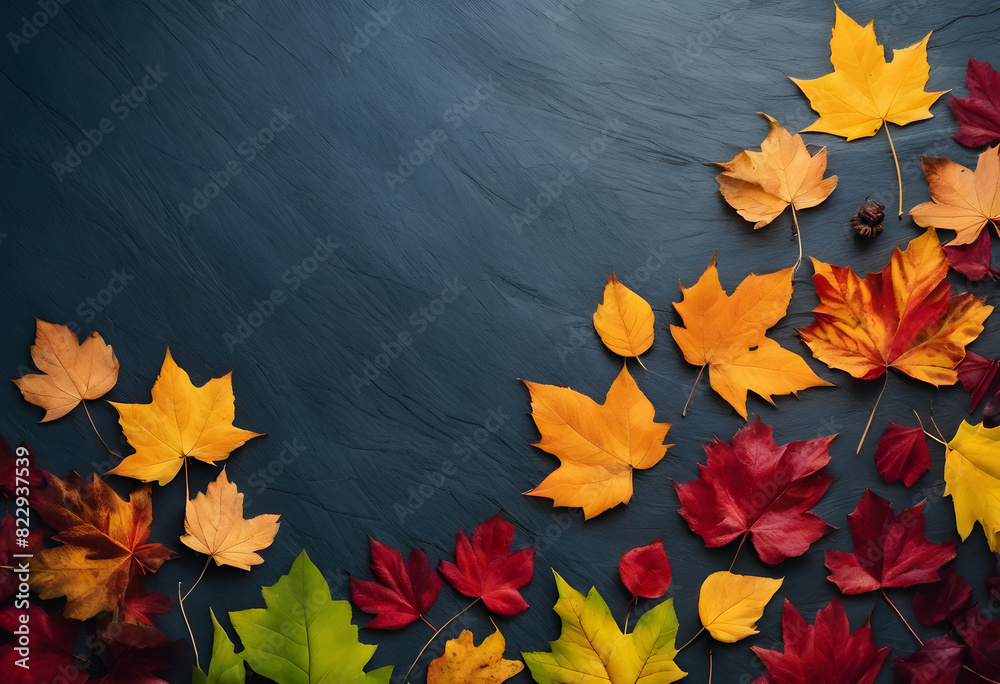 Colorful autumn leaves arranged on a dark slate background, showcasing a variety of red, yellow, orange, and green leaves. Colorful autumn leaves arranged on a dark slate background, showcasing a variety of red, yellow, orange, and green leaves.