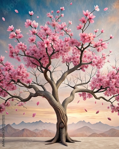 custom wallpaper with 3d tree and pink flower back