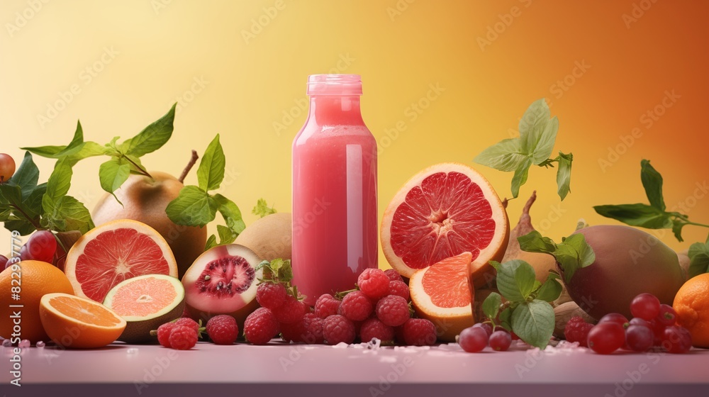A variety of fresh fruits surrounding a bottle of vibrant pink juice, featuring sliced grapefruits, raspberries, and more against a gradient background A variety of fresh fruits surrounding a bottle of vibrant pink juice, featuring sliced grapefruits, raspberries, and more against a gradient background
