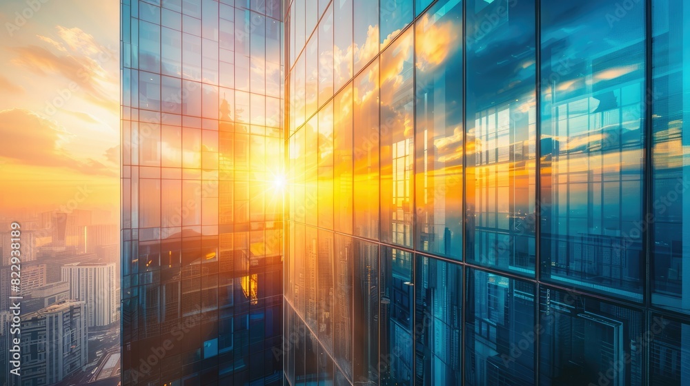 Sunrise reflected on the glass windows of a modern skyscraper, painting the cityscape in warm, golden tones Sunrise reflected on the glass windows of a modern skyscraper, painting the cityscape in warm, golden tones
