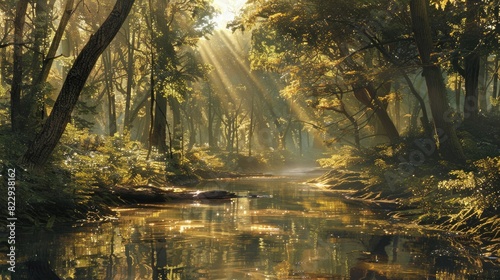 Sunlight filtering through trees  casting dappled reflections on a tranquil forest stream