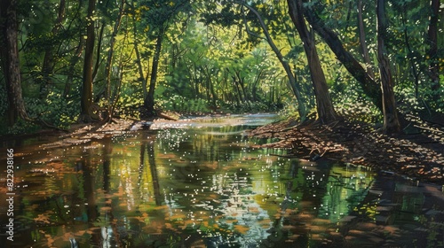 Sunlight filtering through trees, casting dappled reflections on a tranquil forest stream © chanidapa