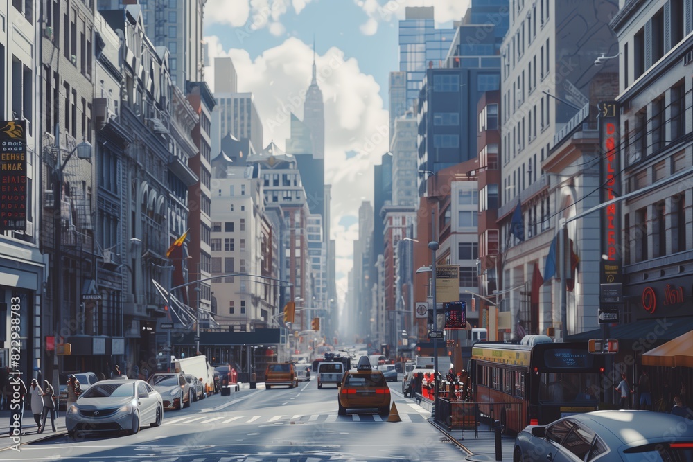 New York City, scenic shot, bustling city, street view with traffic