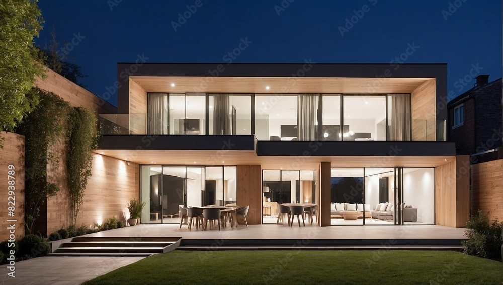 Detached house at night - view from outside the rear courtyard.