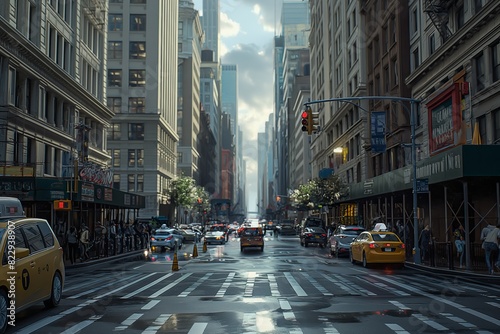 New York City, scenic shot, bustling city, street view with traffic