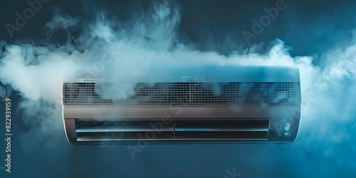 close-up of a steamy air conditioner, providing cool relief on a hot day white air conditioner with blue light on the ceiling emitting smoke photo