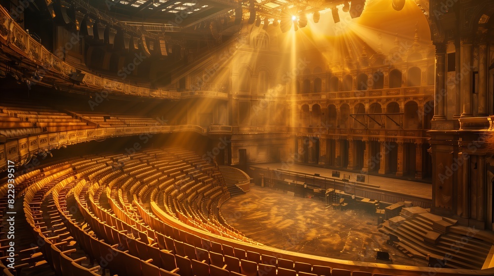 A grand amphitheater, bathed in golden light, offers rows of seats leading to a stage set for a show.