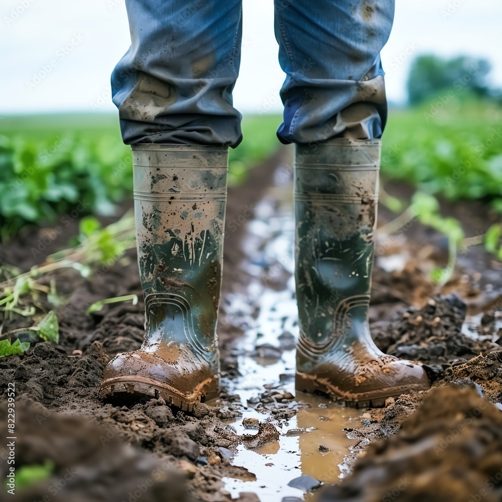 A farmer wearing muddy boots stands in a muddy field. The farmer is wearing jeans and a blue shirt. The farmer is looking down at the ground. A farmer wearing muddy boots stands in a muddy field. The farmer is wearing jeans and a blue shirt. The farmer is looking down at the ground.