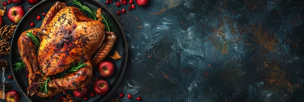 Fototapeta premium Thanksgiving Homemade Roasted Turkey. Top view flat lay background. Copy space.