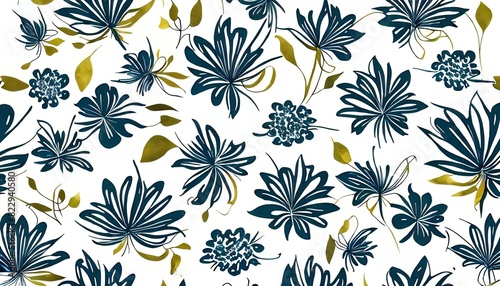 Blue and gold floral pattern on a white background.