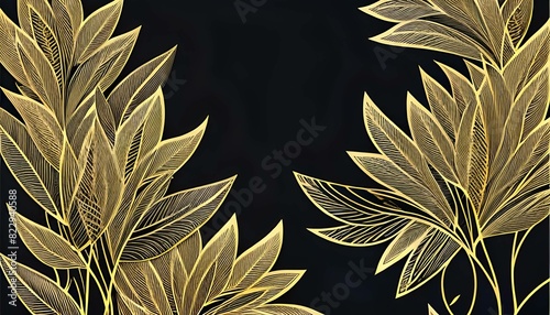 Golden leaf pattern on black background. Generative AI illustration.
