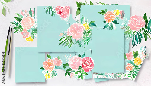 Set of watercolor floral wedding invitation cards on a mint green background. Generative AI illustration.
