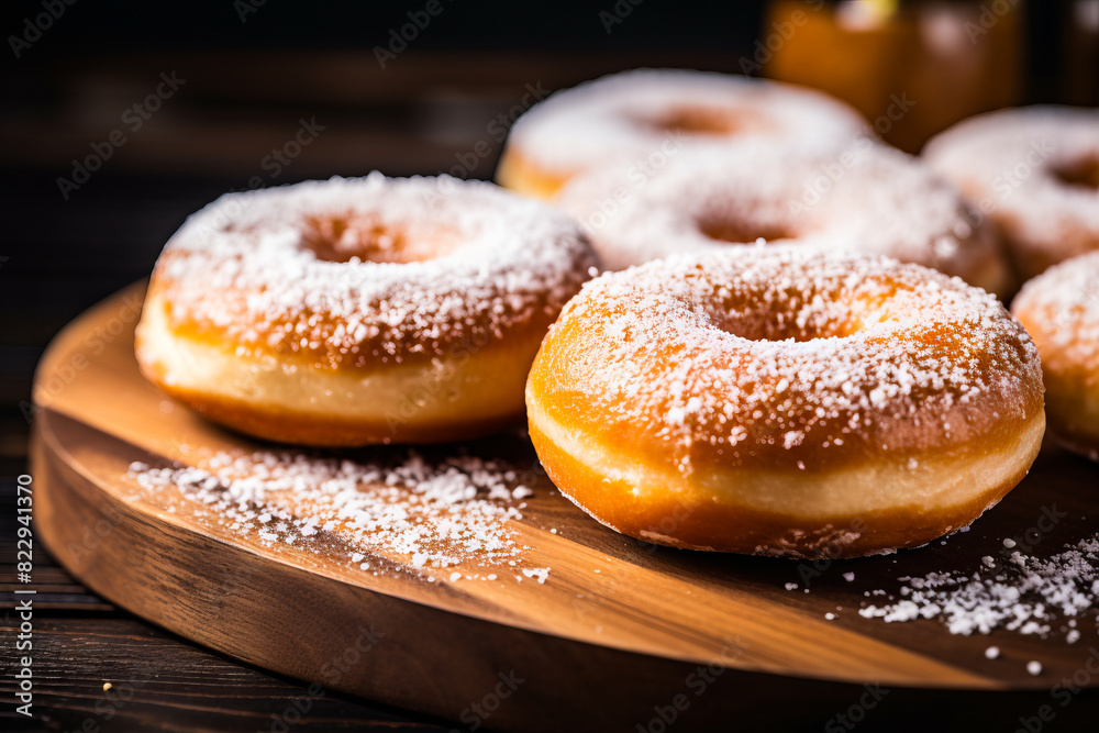 Wooden tray topped with three sugar covered donuts on top of table. Wooden tray topped with three sugar covered donuts on top of table.