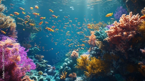 A mesmerizing underwater scene of a vibrant coral reef teeming with life  as schools of tropical fish dart in and out of the intricate coral formations  their vivid colors a dazzling display 
