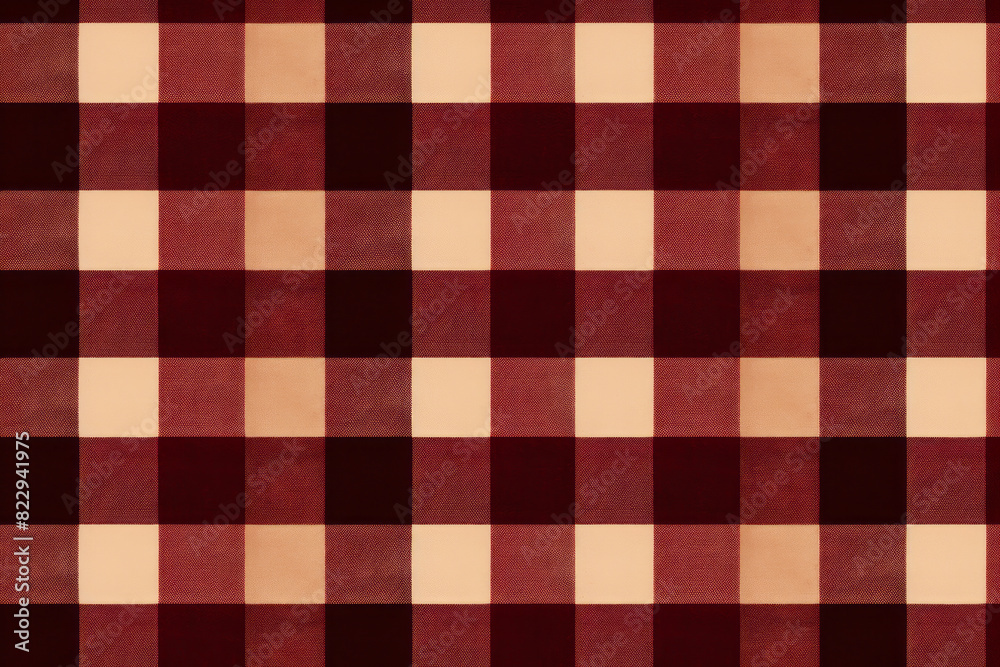 Red and white checkered fabric with brown background. Red and white checkered fabric with brown background.
