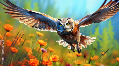 Beautiful flying owl on spring field full of bright wild flowers. Forest bird portrait. Splash screen or sketchbook cover template. Outdoor background.