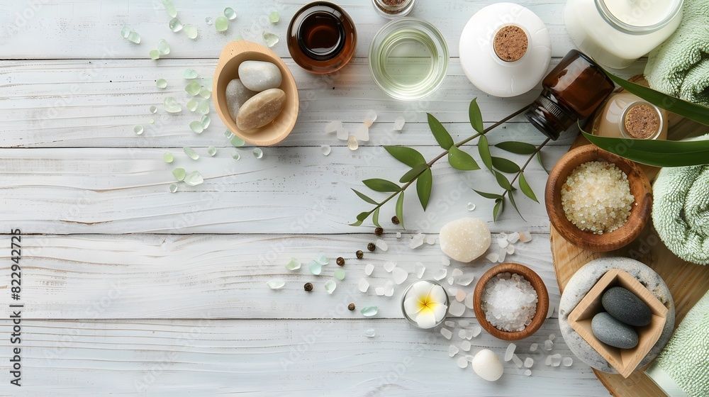 Cosmetic bottle containers, skin cream with flowers. Natural beauty and spa concept, Top view on white  wood table background.