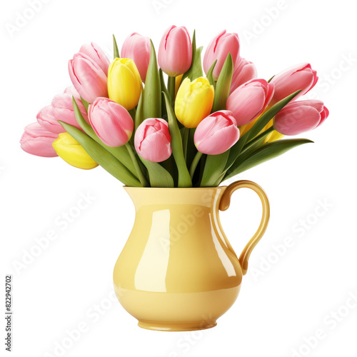 Beautiful yellow and pink tulip flowers isolated on white or transparent background, png clipart, design element. Easy to place on any other background.