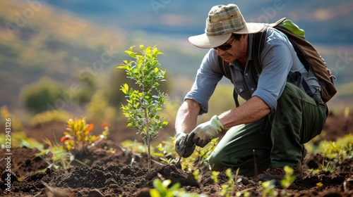 Man planting tree in open field, focused on reforestation and environmental conservation efforts with scenic mountain backdrop. photo