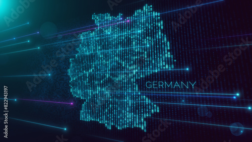 Abstract Futuristic Blue Violet Shiny Perspective Square Hud Particles Mosaic Grid And Text Of Faint Administrative Germany Map With Dotted Lines Light Flare