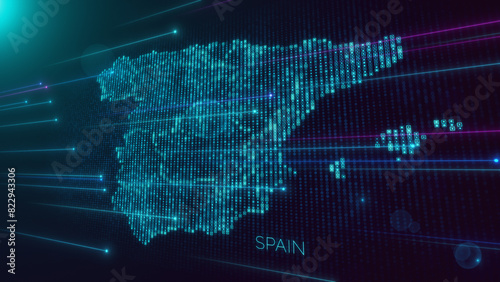 Abstract Futuristic Blue Violet Shiny Perspective Square Hud Particles Mosaic Grid And Text Of Faint Administrative Spain Map With Dotted Lines Light Flare